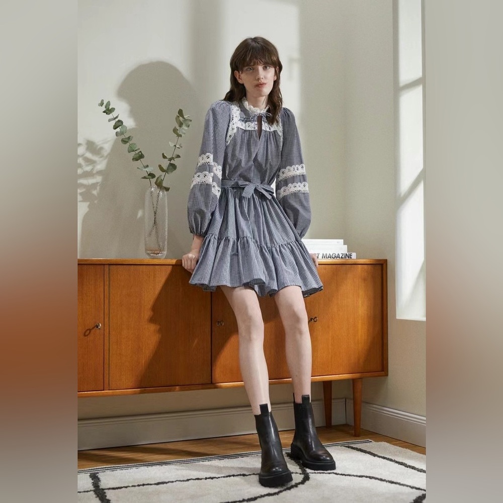 NWT $385 Maje Ritchy Gingham & Lace Dress White Size 40 - Picture 2 of 8